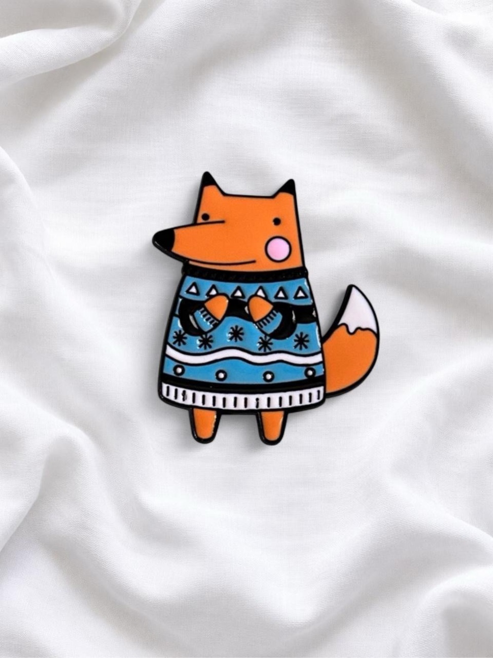 Cute Orange Fox Enamel Pin with Blue Sweater